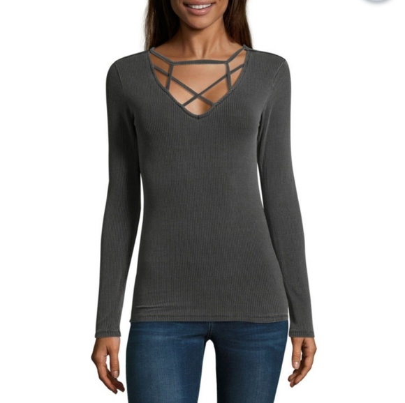 Arizona Jean Company Tops - Grey ribbed caged neck long sleeve top